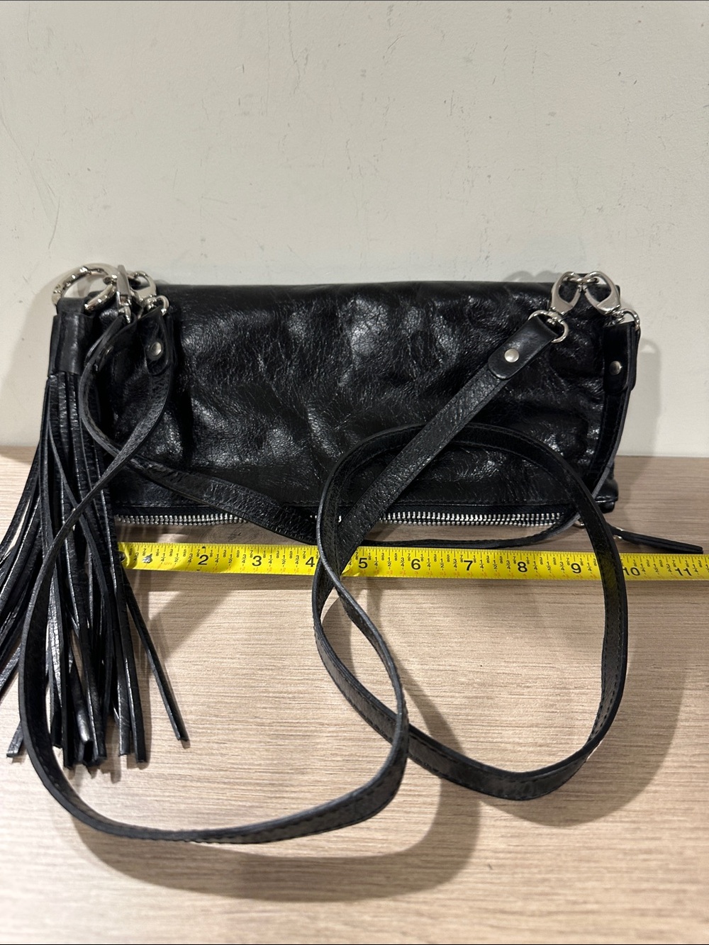 Black Leather Fringe Crossbody Bag